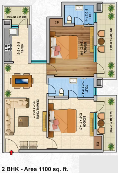 2 BHK Apartment floor plan